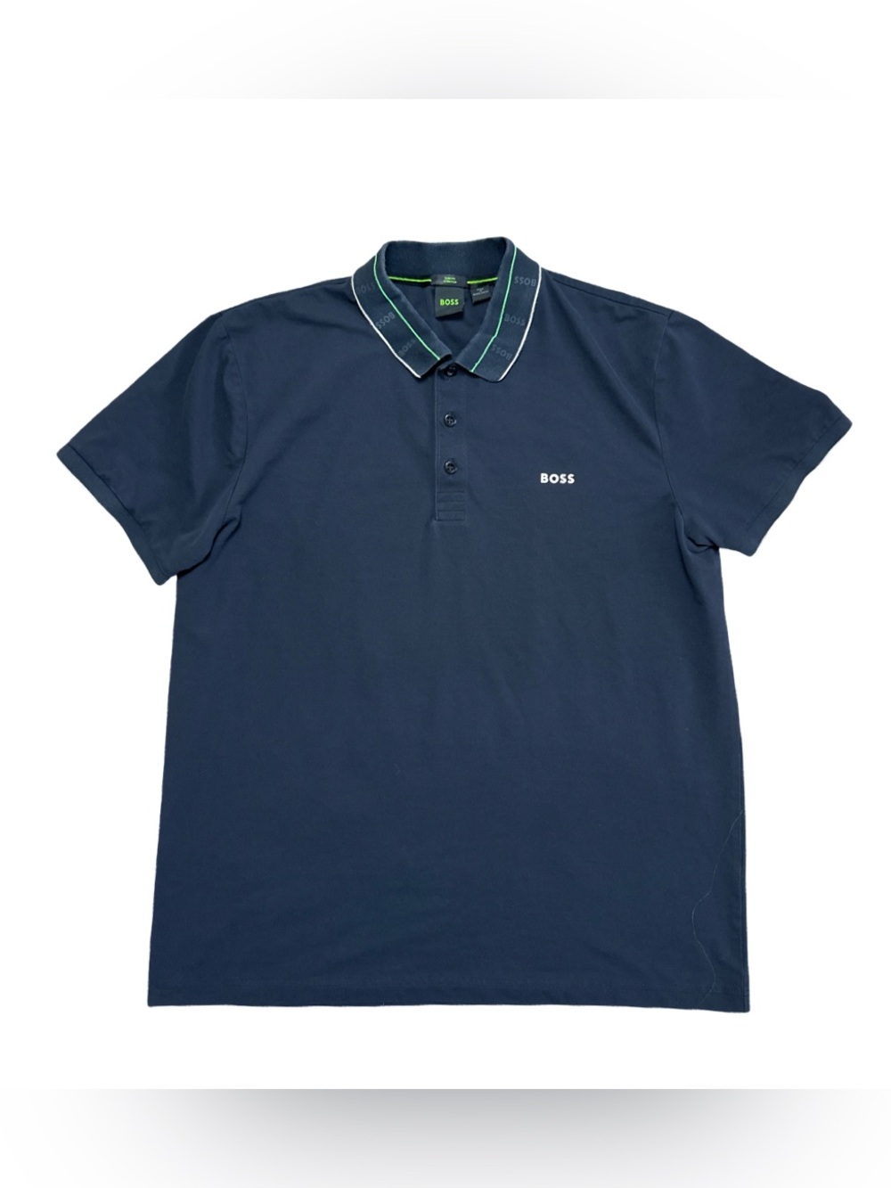 BOSS Hugo Boss Mens XXL Dark Navy Green Trim Paddy Polo Shirt Slim Fit Stretch